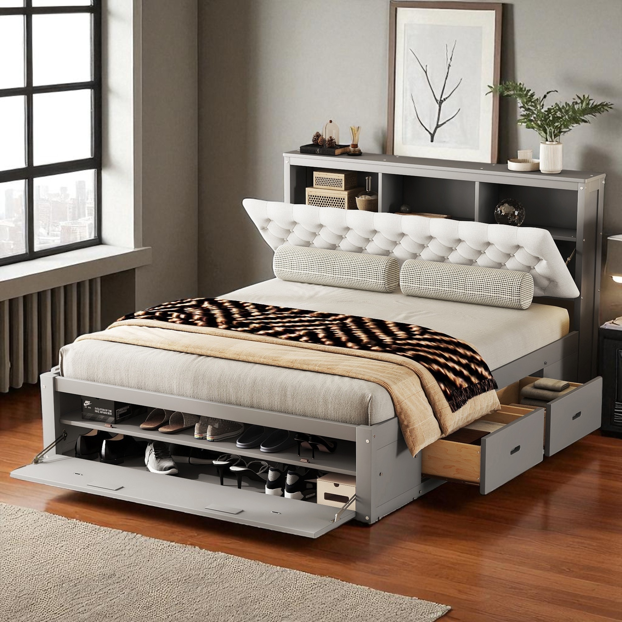 Queen Size Platform Bed with Storage Headboard, 4 Drawers, Upholstered Backrest and Shoe Rack