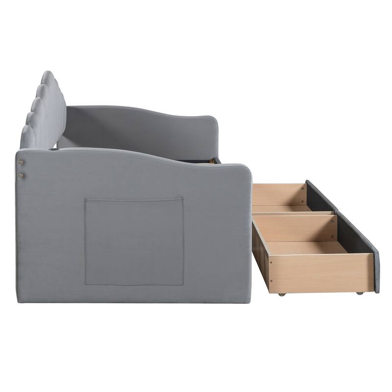 Twin Size Daybed Velvet Upholstered Sofabed with 2 Storage Drawers and USB Charging Ports, Wooden Bedframe No Box Spring Needed