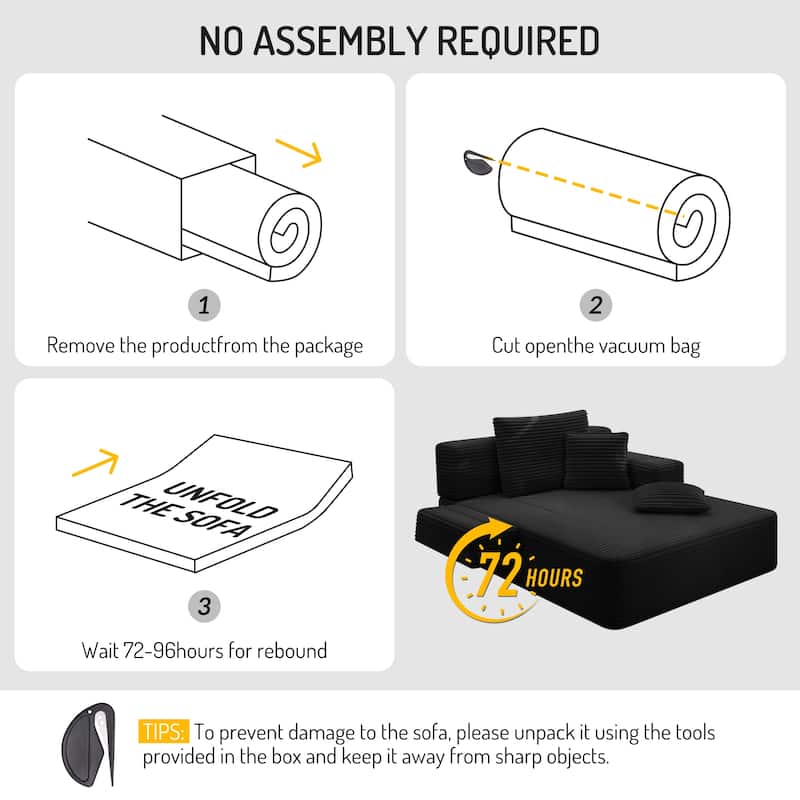 Luxurious Plush Corduroy Chaise Lounge Convertible Sofa Bed with Storage Pocket and Wide Armrests