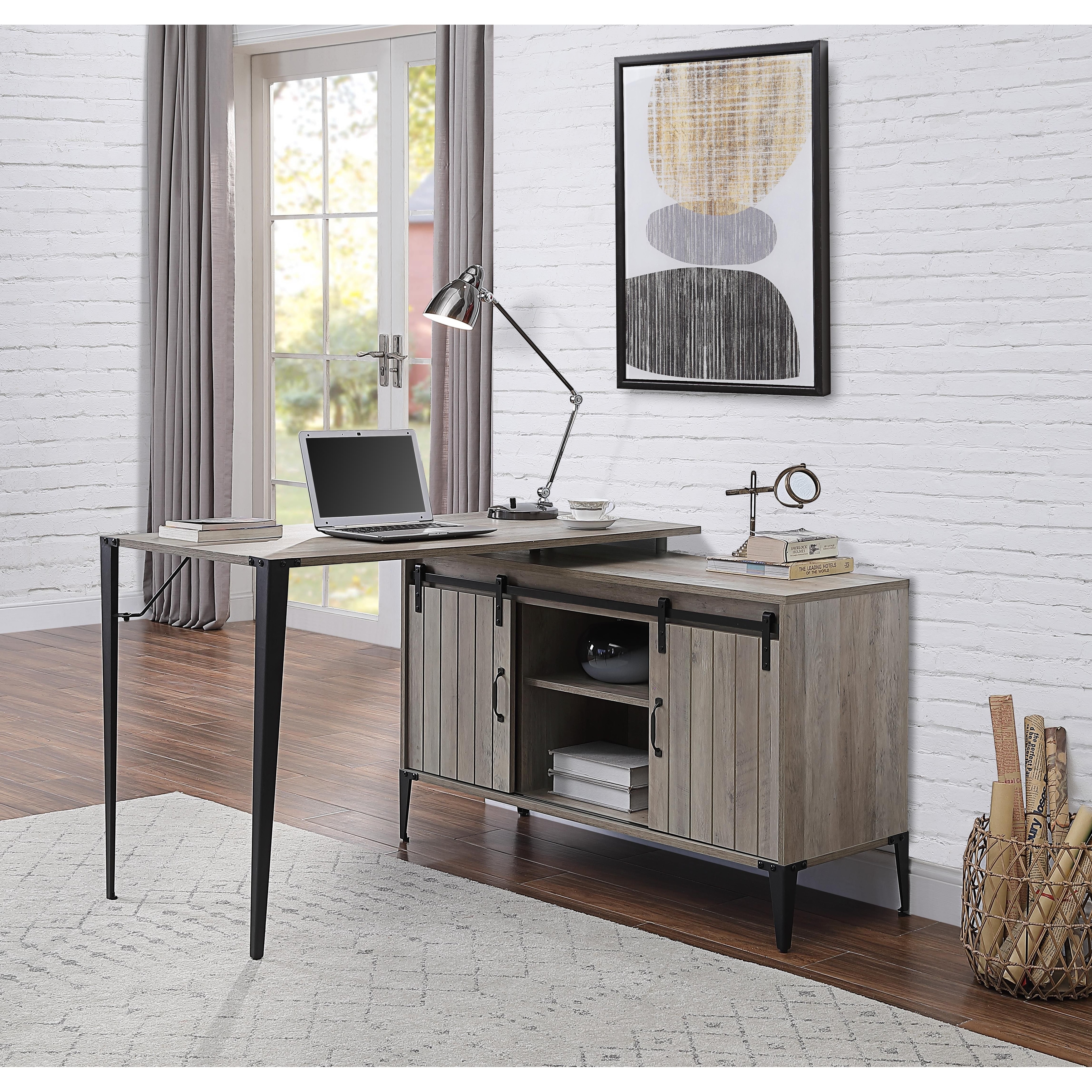 L Shaped Writing Desk with Storage Cabinet Industrial Style Gray Oak and Black Finish