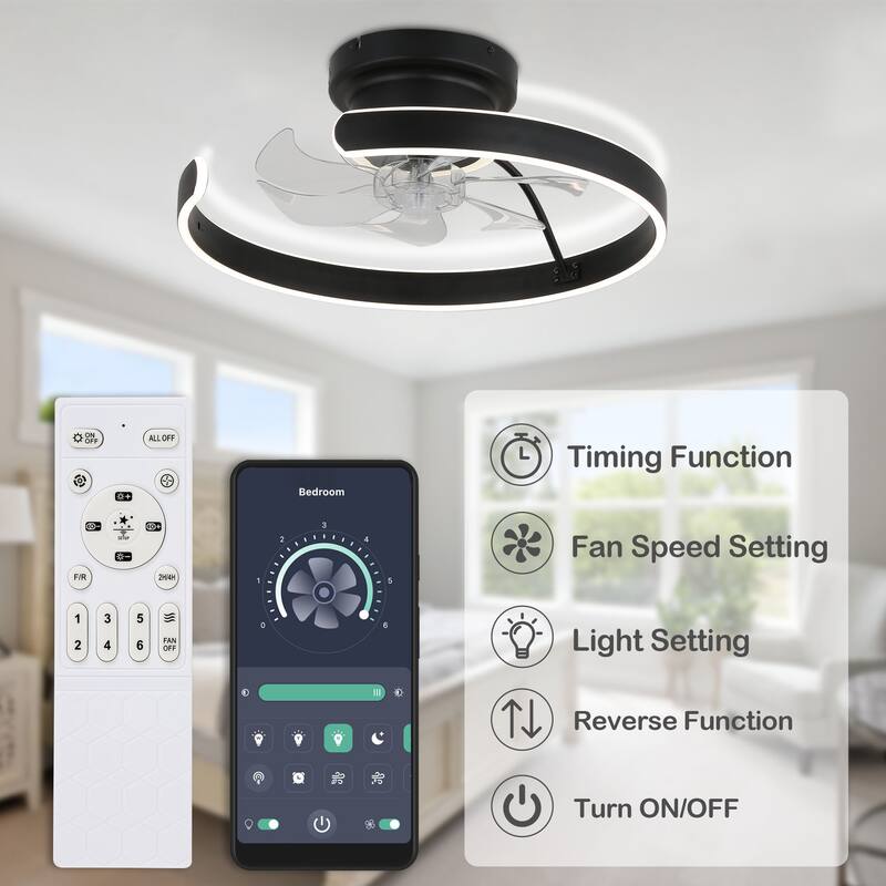 Bella Depot Black Flush Mount Ceiling Fan with Dimmable Light, 6-Speed Reversible Ceiling Fan with APP and Remote Control