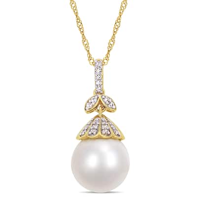 Miadora 10-10.5mm South Sea Pearl and 1/10 ct TW Diamond Floral Drop 14k Yellow Gold