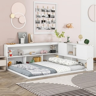 Full Size Floor Bed with Integrated L-shaped Bookcases and Sliding Headboard Doors, Optimized for Space and Storage