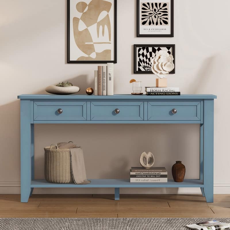 Modern Entryway Console Table with Three Drawers Sturdy Poplar Legs - Blue