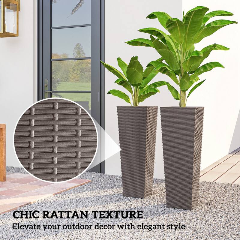 Outsunny 32 Inch Tall Planters for Outdoor Plants, Set of 2 Plastic Rattan-Like Flower Pots with Drainage Holes