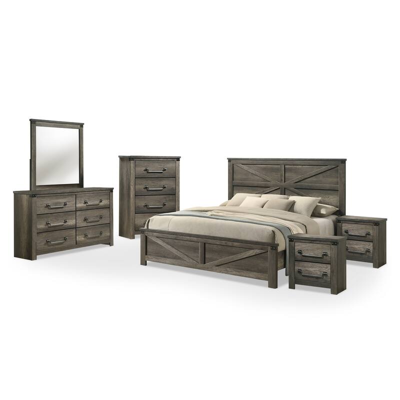 Furniture of America Vraif Farmhouse 6-Piece Rustic Grey Wood Panel Bedroom Set
