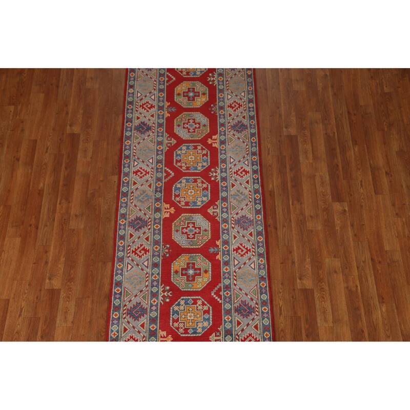 Geometric Kazak Oriental Hallway Runner Rug Hand-knotted Wool Carpet - 2'9" x 9'7"