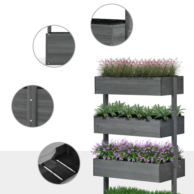 Gray Vertical Garden Planter Four Tier Fir Wood Elevated Flower Box for Patio Balcony and Small Garden