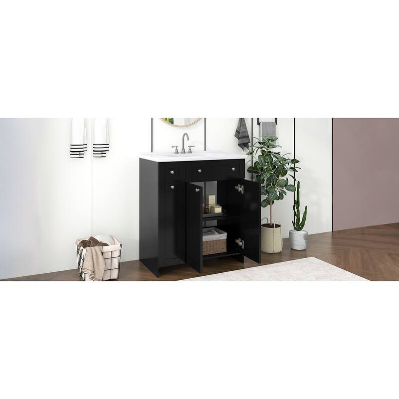 30-Inch Black Bathroom Vanity with Ceramic Sink Combo,Abundant Storage Cabinet 2 Soft-close Doors and Double-tier Deep Drawer