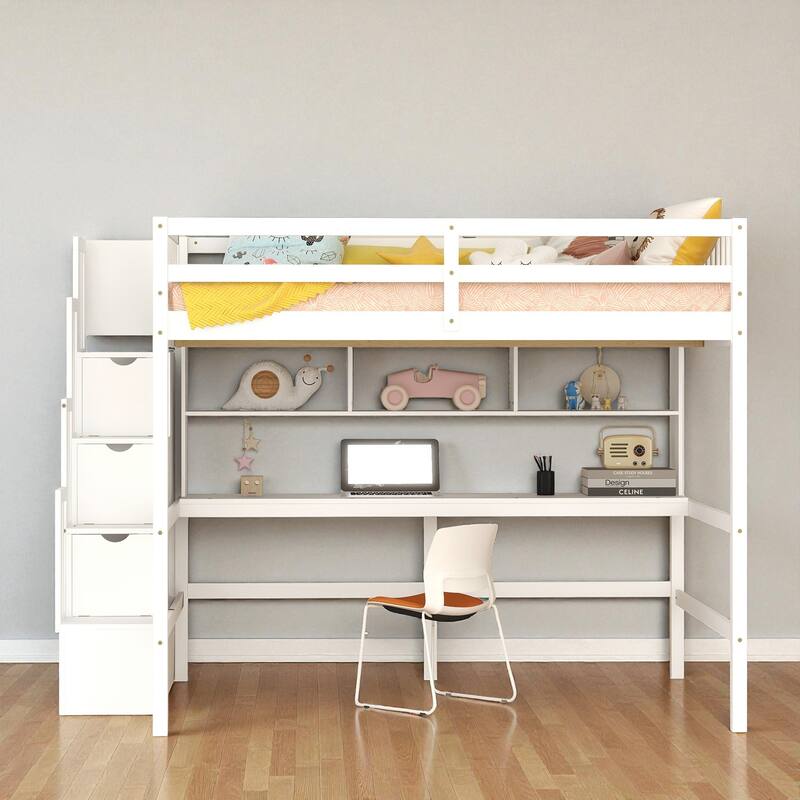 Full Size Wooden Loft Bed with Desk, Storage Shelves, and Staircase, Solid Pine Frame with Guardrails - White - Full