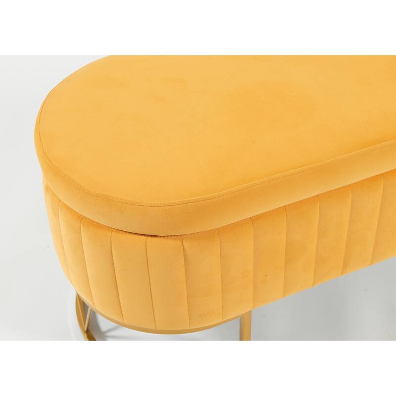 Oval Velvet Storage Bench with Metal Legs - Upholstered Bedroom Bench, Modern Storage Ottoman Bench