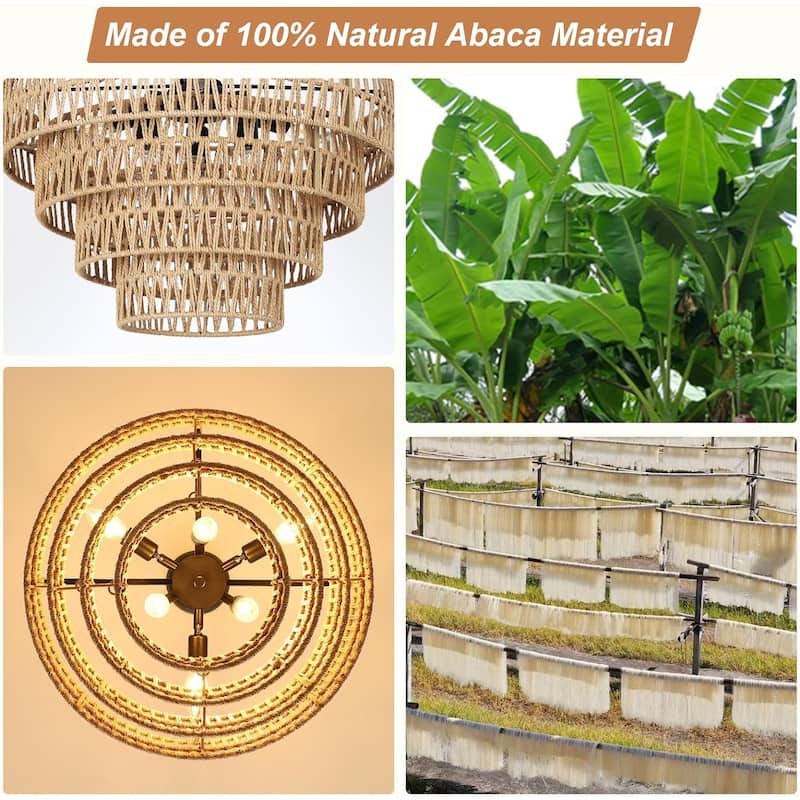 Rattan Chandelier, 6-Light Dining Room Light Fixture, Wicker Pendant Lighting with 4-Tier Woven Lampshade, Ceiling Lamp