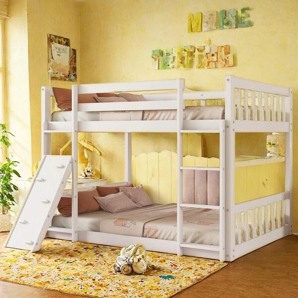 slide 2 of 9, Twin Over Twin Floor Bunk Bed, Fun Design of Climbing Ramp White