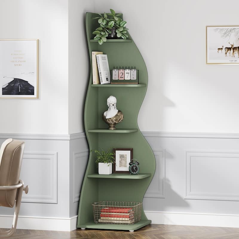 Corner Shelf Bookcase Bookshelf with Unique Shape for Living Room, Home Office - 1PC - Green