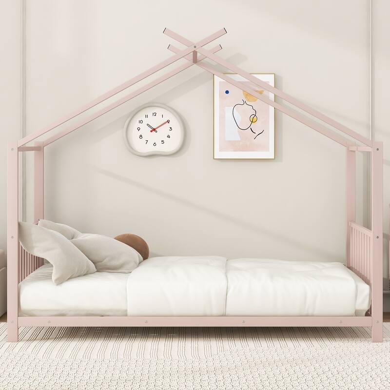 Roomfitters Twin Size House Bed, Modern Metal Floor Bed Frame with Roof, Sleek Scandi Style Sleep Space, Pink