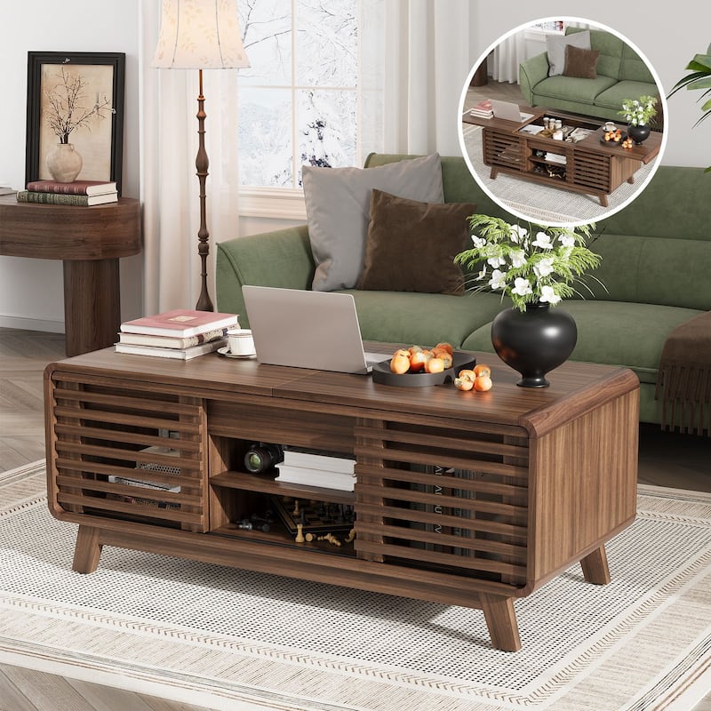 Gymojoy 47" Mid Century Modern Coffee Table with Sliding Door Storage, Walnut Center Table