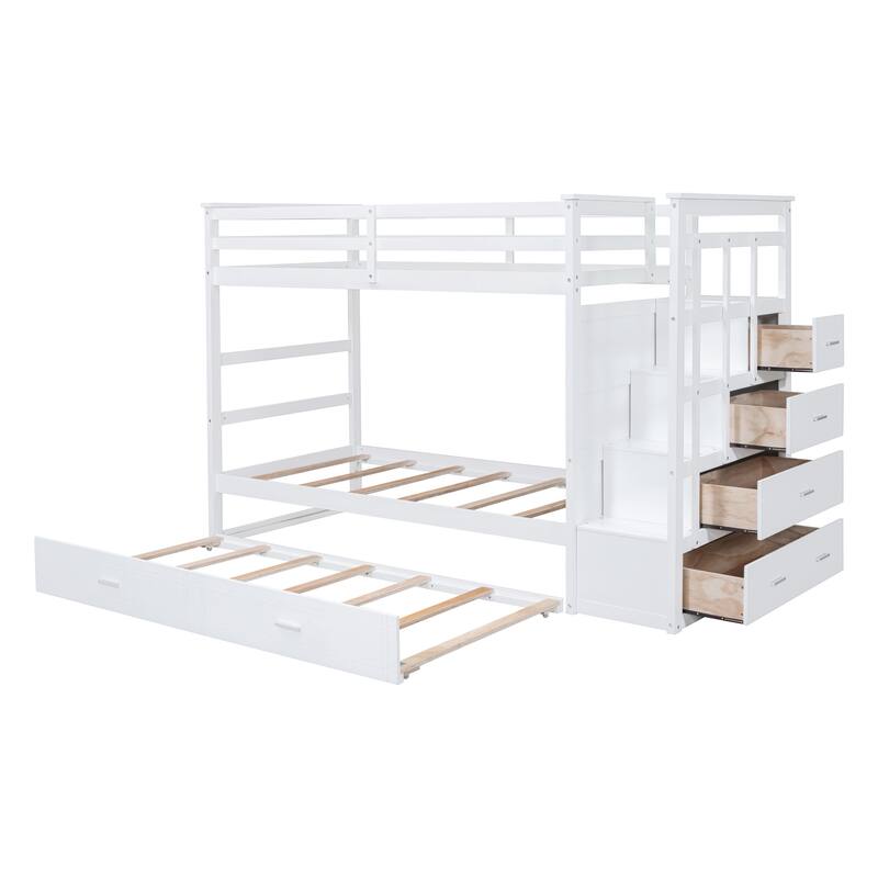 White Twin Over Twin Bunk Bed with Trundle, Staircase and Storage Drawers, Space-Saving Design