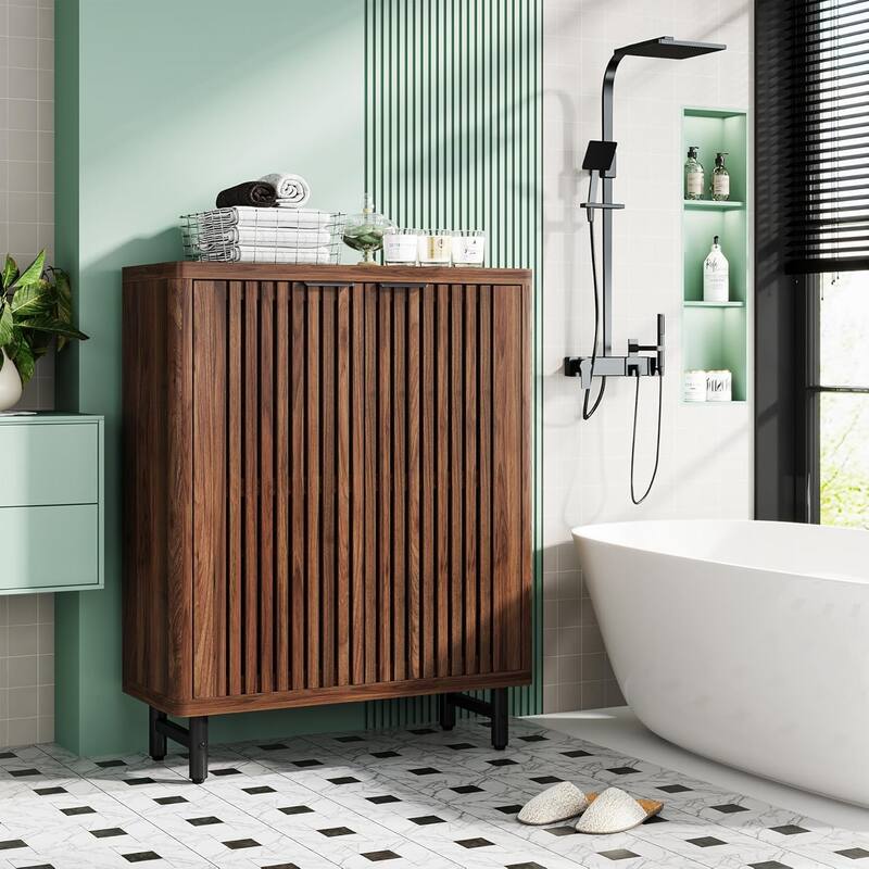6-Tier Bathroom Floor Cabinet 2 Shutter Doors Adjustable Shelves Wooden Storage Sideboard for Kitchen/Living Room - Black2