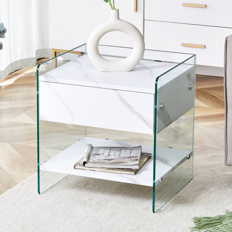 Elegant Bedside Table with Drawers, Transparent Tempered Glass