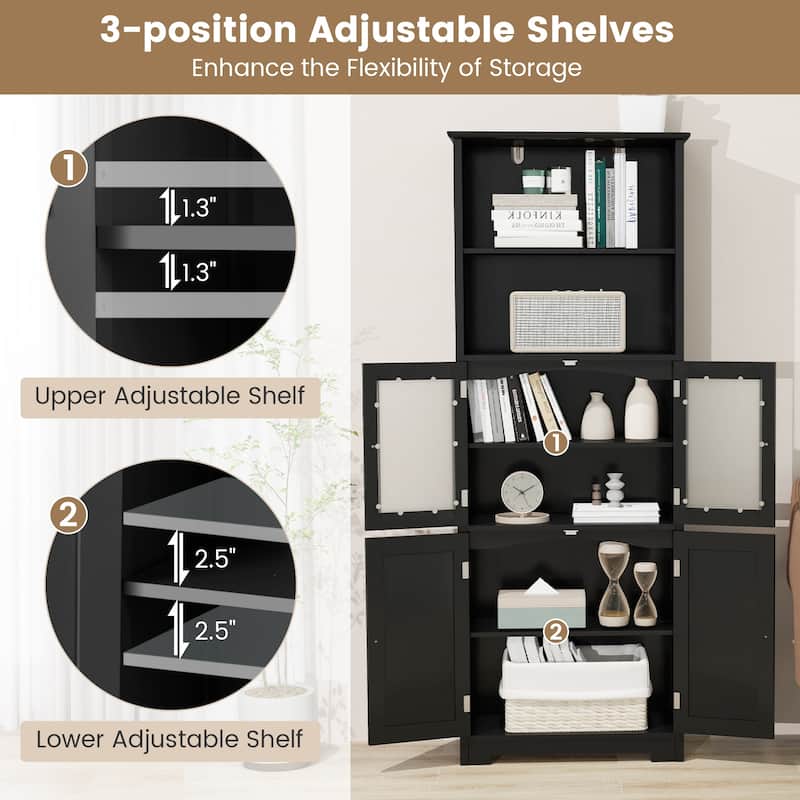 Gymax Bathroom Tall Storage Cabinet Linen Tower w/ Glass Door &