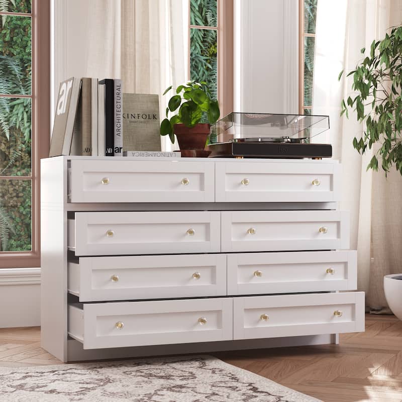 White Dresser & Vanity Combo Spacious Storage with Chic Crystal Knobs