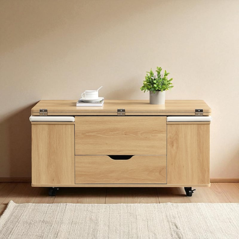 Multi-Functional Lift-Top Coffee Table with Hidden Storage, 4 Stools & Casters, Modern Center Table for Small Spaces - Natural
