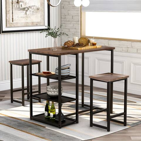 3-piece Retro Pub Set with Natural Wood Countertop and Bar Stools