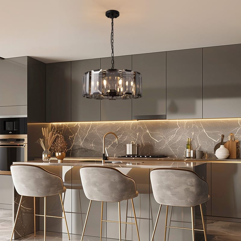 20 In. Black Modern Drum Chandelier 6-Light Crystal Farmhouse 3-Tier Pendant Lighting For Kitchen Dining Room