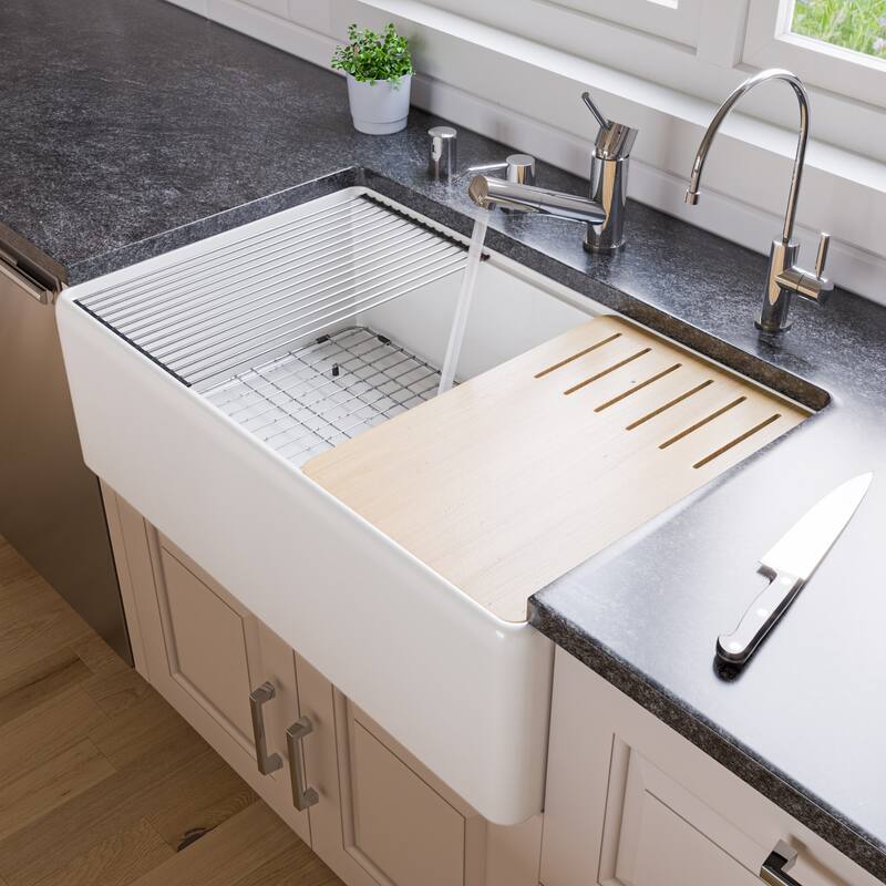 ALFI Brand White Smooth Apron Workstation 33" x 20" Single Bowl Step Rim Fireclay Farm Sink with Accessories - White