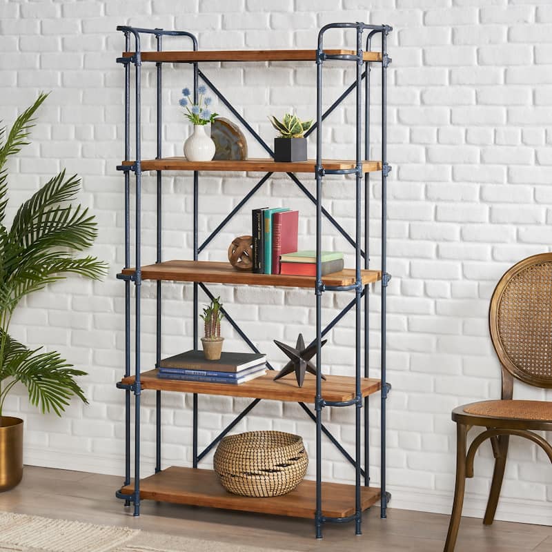 Yorktown Industrial 5 Shelf Firwood Bookcase by Christopher Knight Home - Antique Brown+Blue+Black