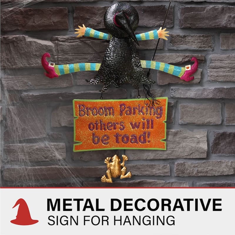 Haunted Hill Farm 31-In. Broom Parking Others Will Be Toad Funny Halloween Sign with Crashing Witch for Door or Wall Hanging
