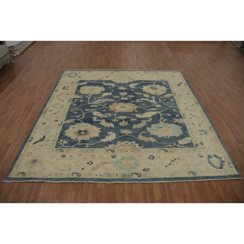 Hand Knotted Oriental 100% Wool Carpet Transitional All-Over Navy Blue & Blues Oushak Area Rug - 9' 9'' X 9' 5''