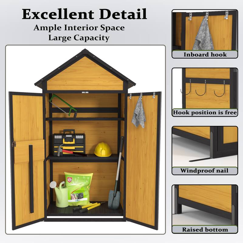 Wood Storage Cabinet Shed with Foldable Table & Removable Shelves Garden Tool Shed, Hooks, Lockable Doors