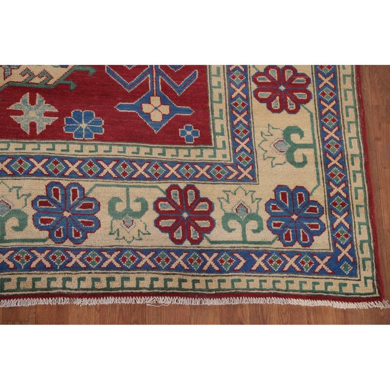 Red Geometric Kazak Area Rug Hand-Knotted Wool Carpet - 8'1" x 9'7"
