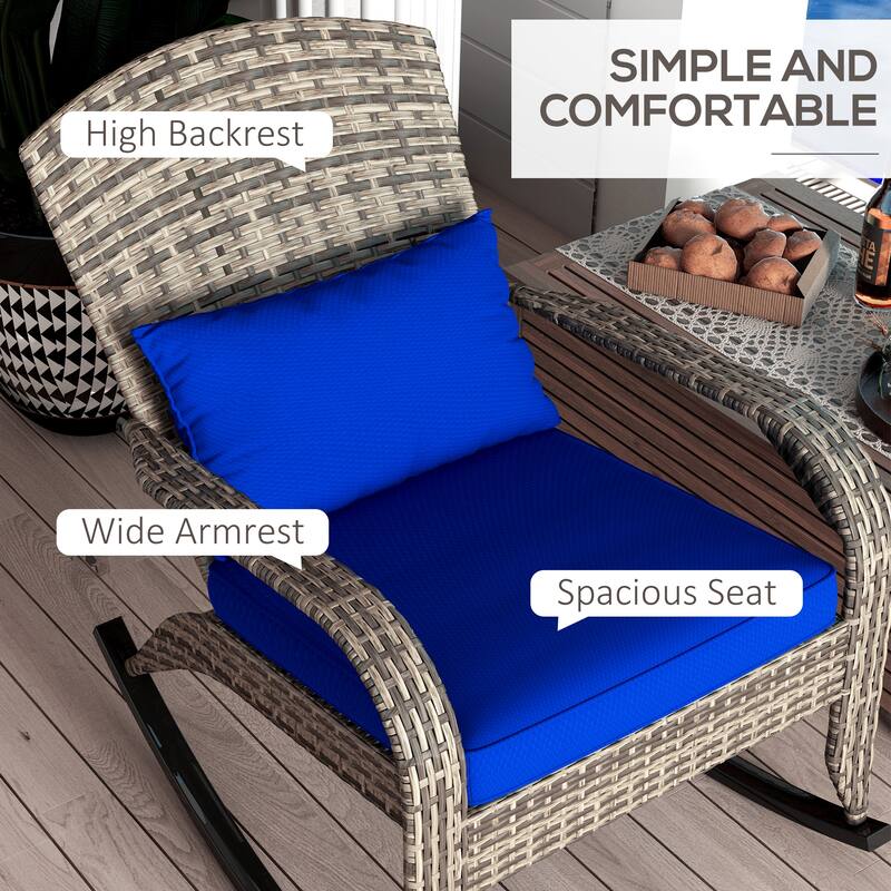 Outsunny Outdoor Wicker Adirondack Rocking Chair, Patio Rattan Rocker Chair with High Back, Seat Cushion, and Pillow for Garden