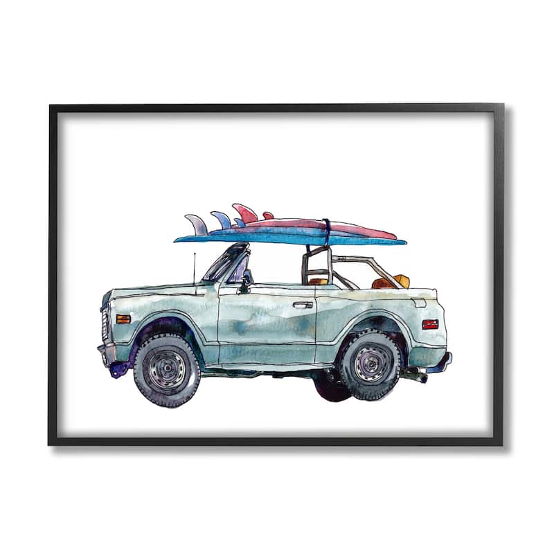 Stupell Retro Beach Cruiser with Surfboard Minimal Illustration Framed Wall Art - Blue