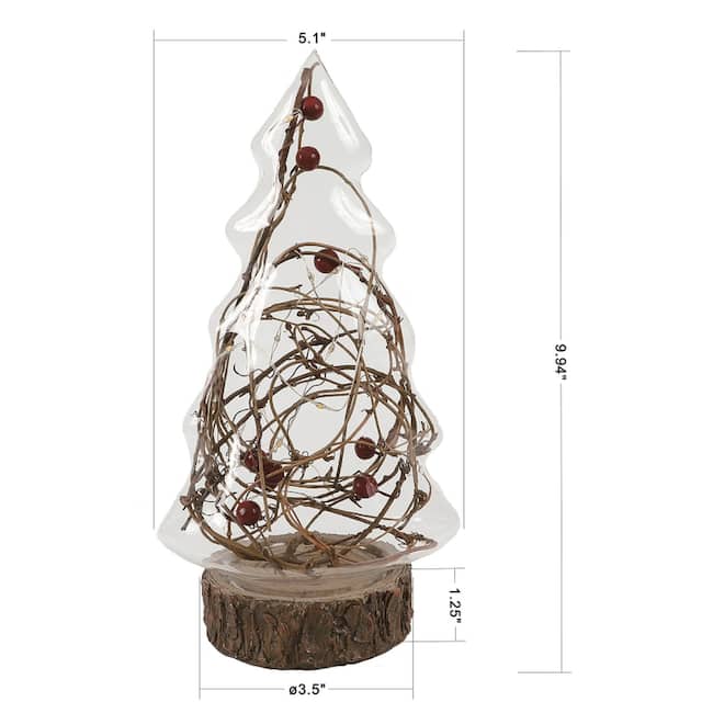 Lighted Glass Christmas Tree with Red Berries and Branch Battery-Operated Tabletop Lantern
