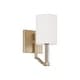 preview thumbnail 1 of 3, 5" W x 10.25" H 1-Light Wallchiere Sconce in Matte Brass with Clear Acrylic Accents and Cylindrical White Fabric Shades 5"W x 10.5"H x 7"E - Matte Brass
