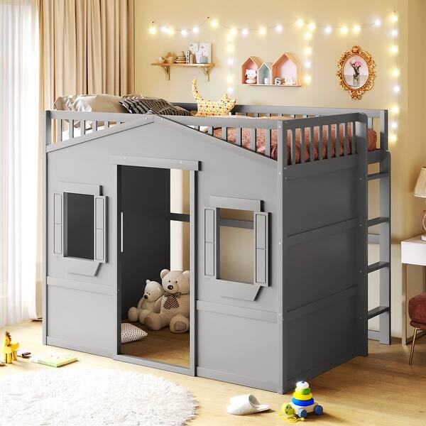 slide 2 of 15, Full Size Wooden House Loft Bed with Ladder - Stylish & Functional Kids' Bedroom Furniture Light Grey