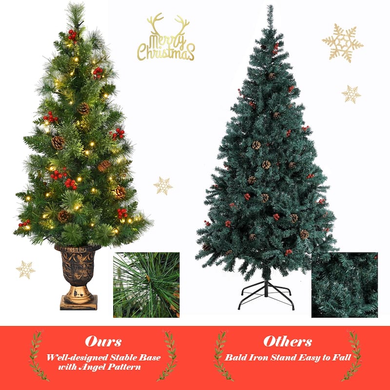 Costway 3/4/5 ft Pre-Lit Christmas Entrance Tree In Urn with 40/60/100