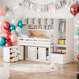 Modren Twin Size Wooden Loft Bed With Big Storage and Under-bed Desk and Drawers and Shelves for Bedroom