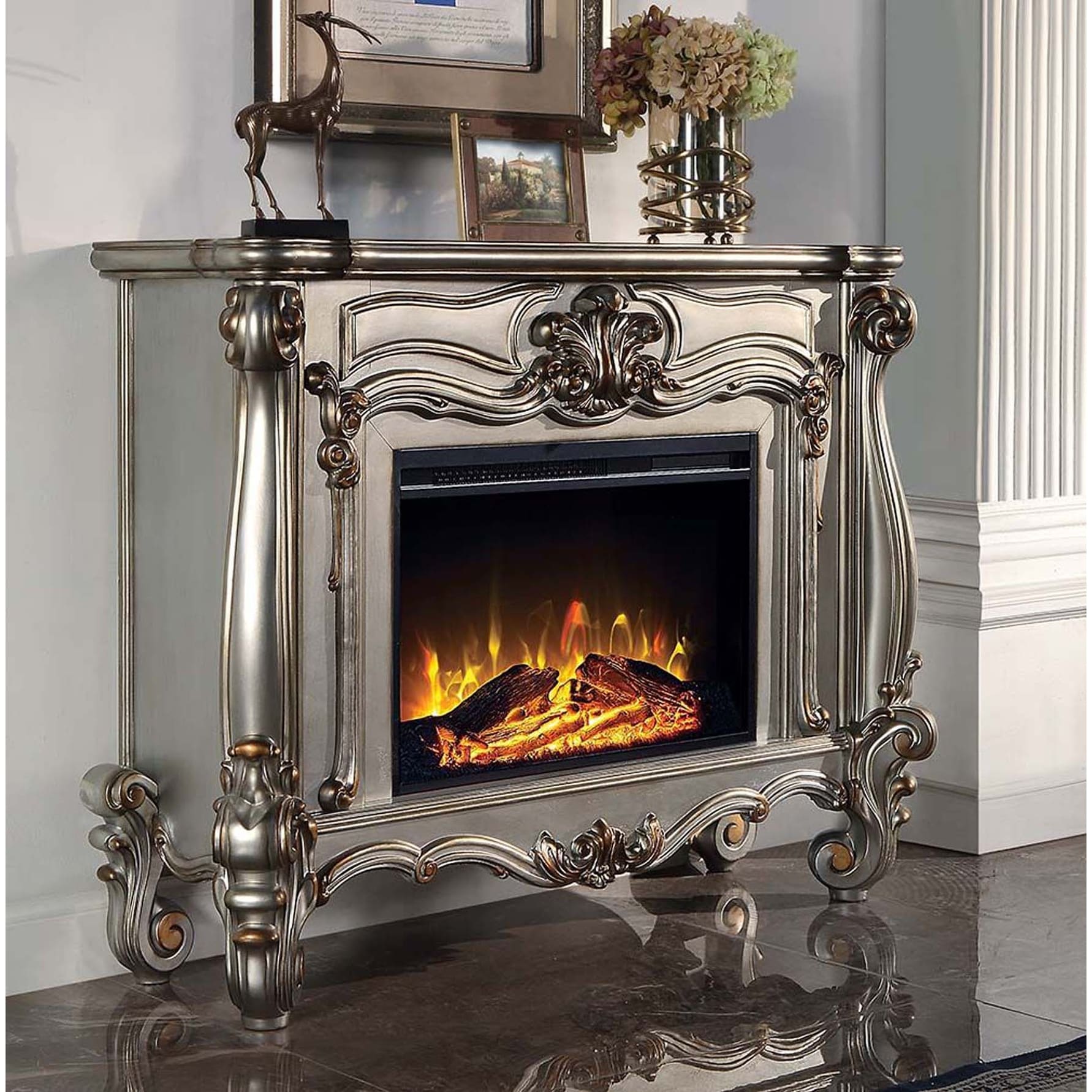 Electric Fireplace with Infrared Heater and Scroll Legs in Antique Platinum  Finish - On Sale - Bed Bath u0026 Beyond - 36259661