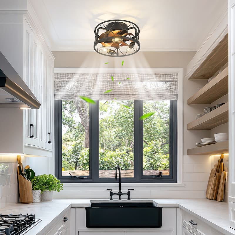 12 Inch Farmhouse Caged Ceiling Fan with Remote Control - 12 Inches - Dark Wood