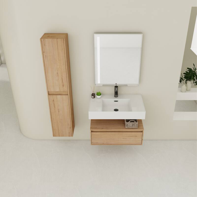 30" Wall-Mounted Bathroom Vanity with Resin Sink, Soft-Close Drawer & Adjustable Side Cabinets, Easy Assembly