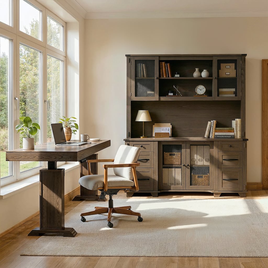 63" Electric Height Adjustable Desk with Storage Cabinet & Hutch, Modern Home Office Desk , Standing Desk Workstation Combo