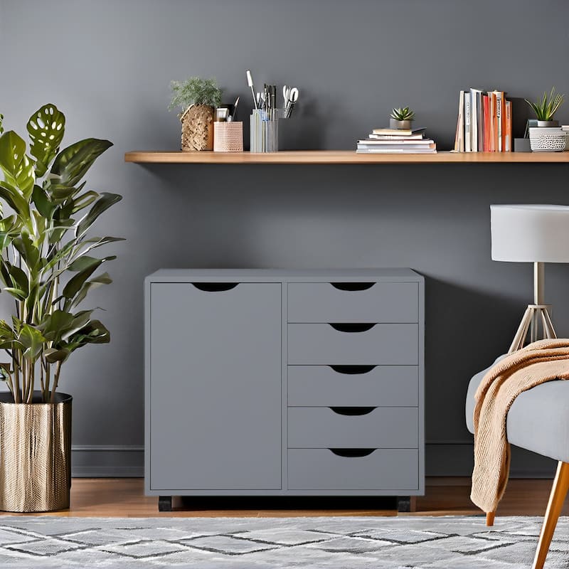 Wooden 5-Drawer Office Storage Cabinet with Extra Shelf and 360° Mobility for Effortless Organization