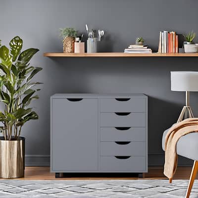 Wooden 5-Drawer Office Storage Cabinet with Extra Shelf and 360° Mobility for Effortless Organization