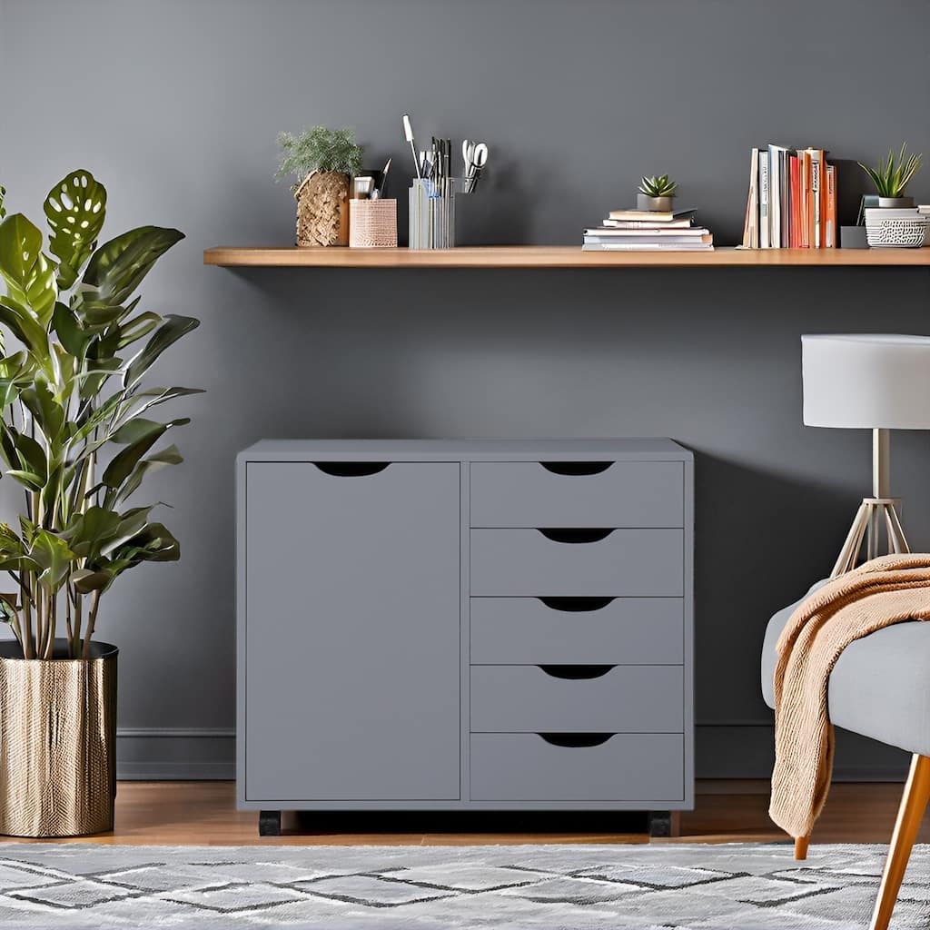 Wooden 5-Drawer Office Storage Cabinet with Extra Shelf and 360° Mobility for Effortless Organization