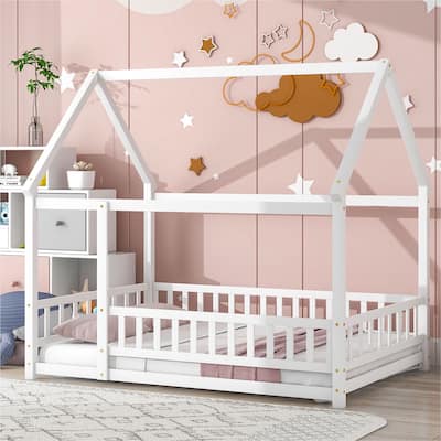 Floor Wooden Bed with House Roof Frame, Fence Guardrails