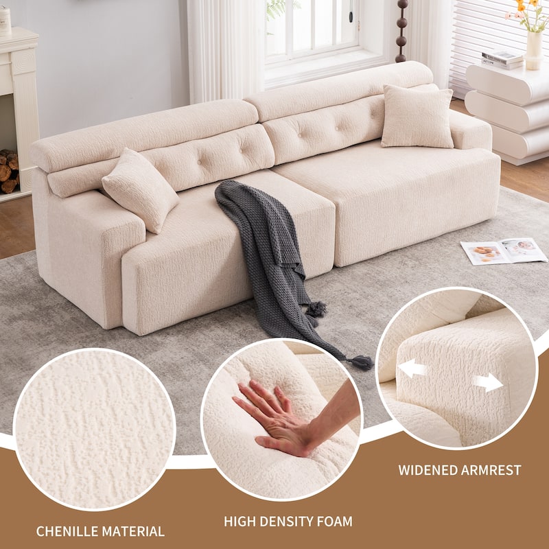 Modern Wood Grain Chenille 4-Seater Modular Sectional Sofa with 2 Pillows for Living Room Apartment